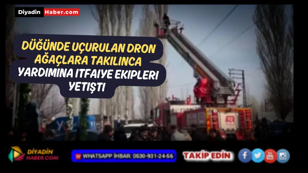 Düğünde uçurulan dron ağaçlara takılınca yardıma itfaiye ekipleri yetişti.