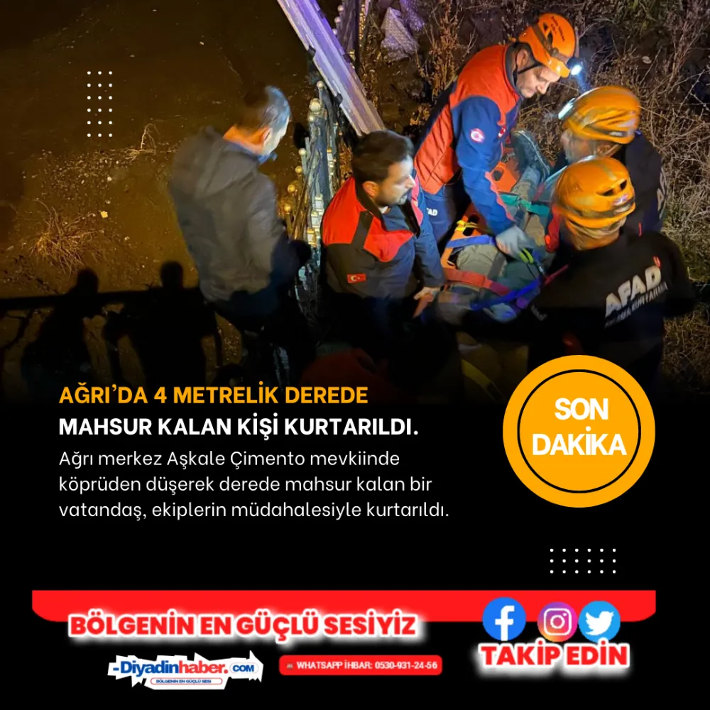 Ağrı’da 4 metrelik derede mahsur kalan kişi kurtarıldı.
